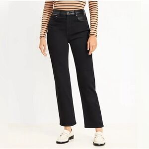 LOFT The Straight Black Jeans Faux Leather Trim High Rise Petite 28/6 NWT Chic